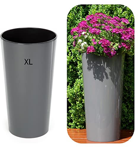 MELTOM Blumenkübel Rund Hochglanz Slim Blumentopf mit Herausnehmbaren Einsatz (Anthrazit, XL-57cm)