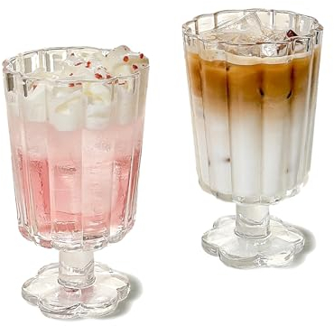 TUCHACA Footed Ice Cream Cups Drinking Glasses Set (2pcs), Sundae Petal Style Glass Goblet, Suitable for Juice, Ice Cream, Cocktails, Dessert Cups.