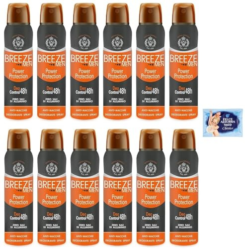 12 x BREEZE Deodorant Spray Man Power Protection, keine Flecken auf der Haut, 0 % Aluminiumsalze 150 ml + 1 Beutel Talkum Felce Azzurra 100 g