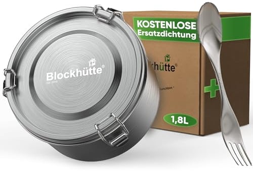 Blockhütte Premium Jausenbox Edelstahl Rund I 1800ml I mit Göffel 2x Dichtung Set I Auslaufsichere Edelstahl Brotdose Erwachsene I Vorratsdosen Edelstahl gefrierfest I Brotzeitbox Edelstahl