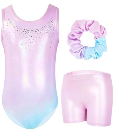Gogokids Mädchen Drei Teiliges Gymnastikset, Ärmelloser Gymnastikanzug mit Shorts und Haarband, Ballett Tanzender Leotard Gymnastik Outfit mit Funkelnde für Mädchen, Ärmellose Trikots für 5-6 Jahre