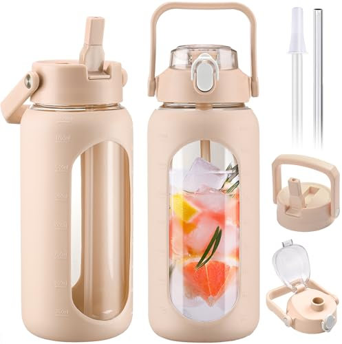 BLUEGO 2000ml Bouteilles d'eau en verre avec 2 couvercles Gourd avec paille 2L Grande bouteille d'eau avec marqueurs de temps et de capacité pour salle de sport Maison Étanche, Ambre