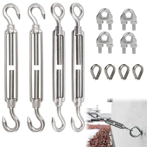 YIZWINS 4 Pezzi Tenditore Filo M5, Tenditore Filo Stendibiancheria, Ganci per Corde Tiranti per Filo Acciaio Inox,Gancio Occhio Tenditore Fune Tensione con 4 Pz Fermacavo M5 e Pz 4 Anelli a Cuore