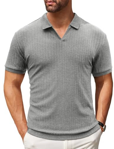 Men's V Neck Polo Shirts Slim Fit Solid Short Sleeve Cotton Golf T-Shirts Ribbed Knit Soft Tees Dark Gray L