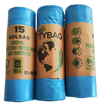 TYBAG - Bolsas de Basura 30l, 100% Plástico Reciclado Sin Aditivos. Extra resistentes, 45 bolsas