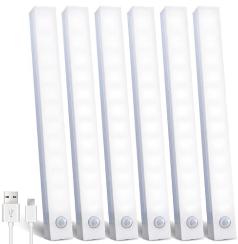 KALAHOL Under Cabinet Lights 6 Pack with 4 Modes, USB Motion Sensor Cupboard Light, USB Type-C, Stepless Dimming, with Magnetic Sticker, for Kitchen Wardrobe Bedroom Stairs (Cold White)