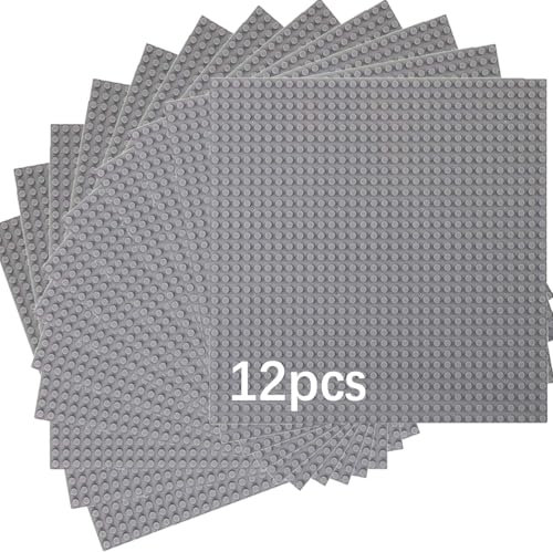 HUYIYI 12 Platten-Set Bauplatte Kompatibel mit Meisten Marken,Kompatibel mit Bauplatte Classic,25,5 x 25,5cm,Classic Graue Grundplatte für Konstruktionen und für weitere Sets