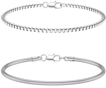 CASSIECA 2Pcs Silver Bracelet for Men Stackable Chain Bracelet for Men Boys Mens Bracelets Stainless Steel Snake Box Link Chain Bracelets Set 19CM Gifts for Men Dad Husband Son