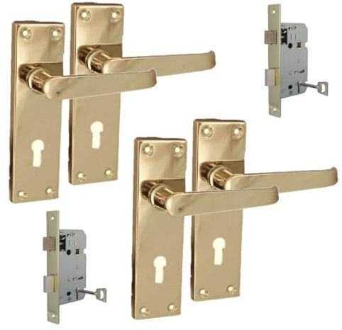 Brass Door Handles Interior Door Lock Handles - Victorian Straight Lock Handles and 3 Lever Mortise Sash Lock, Brass Door Handles, Back Plate, 150 x 42mm, Door Handles Multipack, Door Handles Set 2