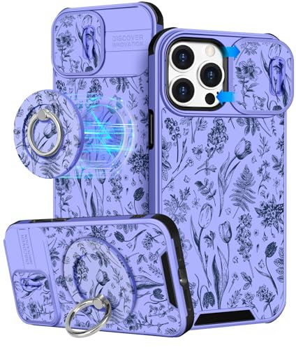 VincitoreModa for iPhone 15 Pro Max Case - [2in1] Cute Girls Women Flower Compatible with MagSafe Ring Stand Girly Slide Camera Cover Pretty Design for Apple for iPhone 15 Pro Max Phone Case 6.7