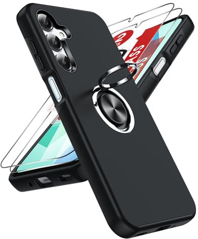LeYi Hülle für Samsung Galaxy A16 5G/4G Handyhülle kompatibel mit 2*Panzerfolie, TPU Militärschutz Hybrid Schutzhülle mit 360° Metall Ring Halter Ständer Stoßfest Case Cover Schwarz