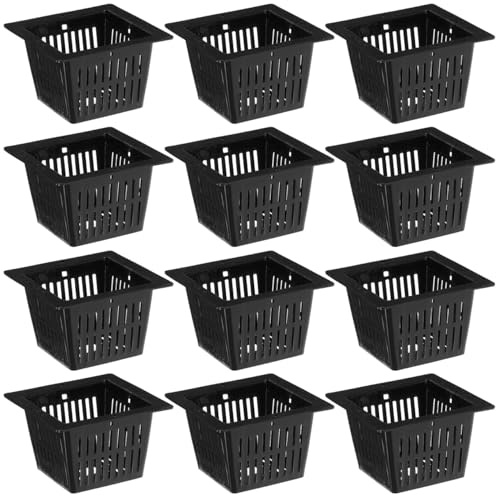Yardwe 12Pcs Black Hydroponic Net Pots, Plastic Planting Baskets with Slotted Mesh for Garden Hydroponics Aquaponics and Seedling Transplanting, 5.7X5.7X3.7CM
