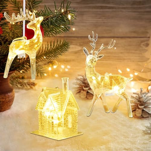 Xevinas 3 Stück Weihnachtsdeko Mit LED Lichtern, Weihnachtsdeko Innen Weihnachtshirsch Haus Anhänger Aus Acryl, LED Leuchtende Fensterdeko Weihnachtshaus Weihnachtsdorf Beleuchtet (A)