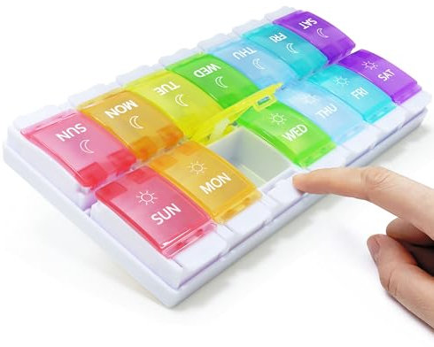 FHORAIN Tablettenbox 7 Tage, Morgens und Abends, Pillendose Pillendose 7 Tage 14 Fächer, 2 mal täglich, Druckknopf (Regenbogenfarbe)