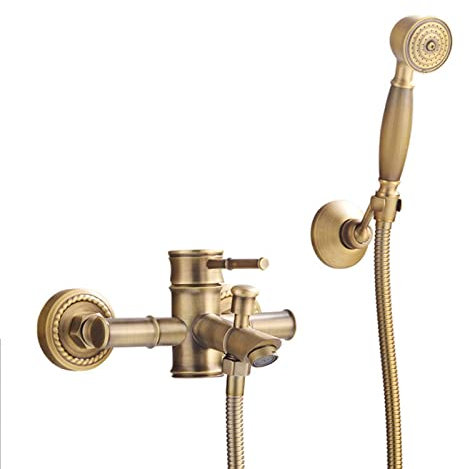 sjdoPulse Brass Shower System Antique, Wall Mounted Shower Set Bathroom With Hand Held Shower Head Tap, Retro Shower Mixer Set For Hotel Gym