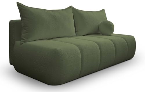 Kaiser Möbel - Sofa mit Schlaffunktion und Bettkasten, Schlafsofa mit Bettzeugbehälter, Wohnlandschaft, Klappsofa, Relaxsofa, Polstersofa, Zierkissen, Bequemes Couch für Wohnzimmer, Piano, Olive