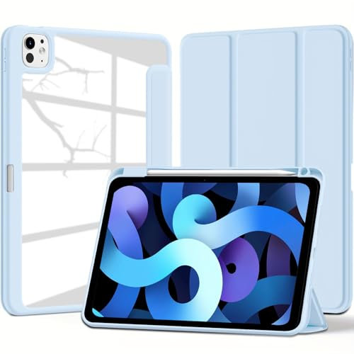 VAGHVEO Coque pour iPad Pro 11 Pouces (M4) 2024 Housse avec Porte-Stylo, Étui iPad Pro 11 5e Génération avec PC Transparent Rigide Coque Arrière + Bord Souple, Réveil/Sommeil Automatique, Bleu Glace