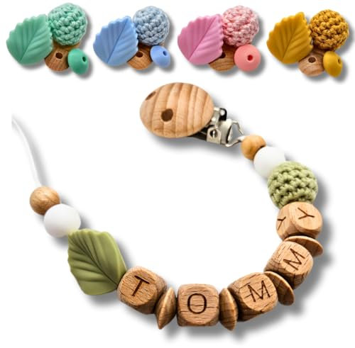 Schnullerkette mit Namen personalisiert für Mädchen und Jungs- Baby Geschenk - Leaf (1. Lind)