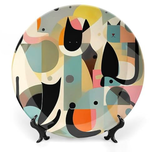 HETVBNS Mid-Century Modern Art Cat Bone China Decorative Plate Personalized Ceramic Decorative Plate Wall Decor with Display Stand Ceramic Ornaments for Wall Hanging Decoration
