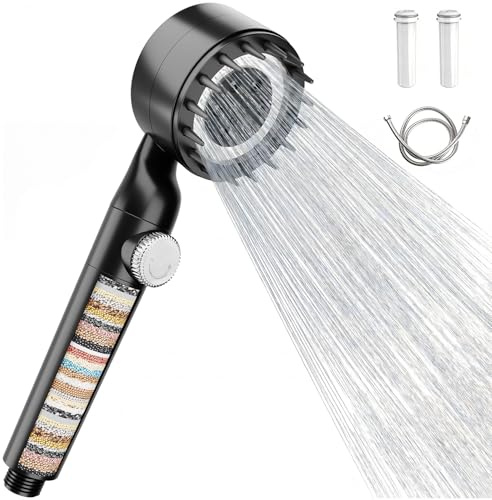 WELDUN Hard Water Filter Shower Head, High Pressure Shower Head with 20 Stage Filter, 1.5M Shower Hose, Bathroom Massage Handheld Shower Heads with 3 Mode, Water Level Regulation Bottom, Black