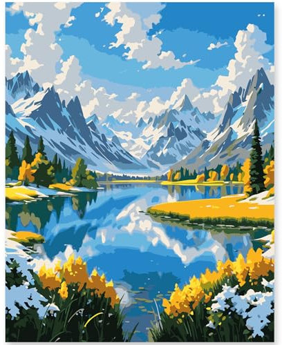 EFOTIML Pintura por Números Kit para Adultos Principiantes y Niños Edades 8-12, 1pcs 16x20 Canva para Kits de Pintura para Adultos en Colorido Caja (sin marco) - Montañas de Nieve Lagos