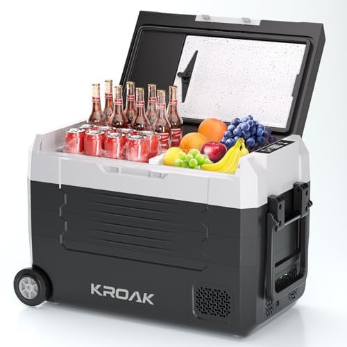 KROAK 45L Tragbarer Kompressor Kühlbox mit Schneidebrett, Elektrisch Autokühlbox Dual-Zone (-20°C bis +20°C), 12V/24V/230V, Rollen & Trennwand – für Camping, Auto, LKW, Wohnmobil