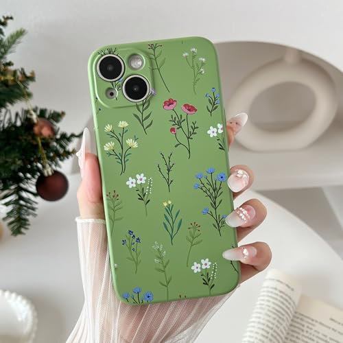 RALEAVO Flower Case for iPhone 12, Liquid Silicone Shockproof Protection Case Cover for Girls Women with Aesthetic Cute Floral Patterns Soft Slim Phone Case for iPhone 12-Green/Daisy