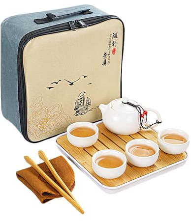 Juego de Tetera de Cerámica China Kungfu, Tetera y Juego de Tazas Portátil, Juego de Te de Porcelana Blanca on 1 Tetera, 4 Tazas de Té, 1 Bandeja de Té y 1 Bolsa de Viaje (Blanco)