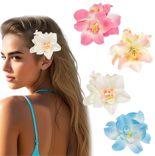 Zernblend 4 piezas de pinzas para el pelo con flores hawaianas, accesorios para el cabello (azul/rosa/rojo/rosado/blanco)