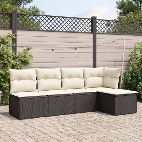 IKAYAA 5-TLG Rattan Gartenmöbel Set, Balkon Lounge, Outdoor Loungemöbel Rattan Sitzlounge Ecklounge Ecksofa Gartensofa Balkonsofa Schwarz und Creme Type-73