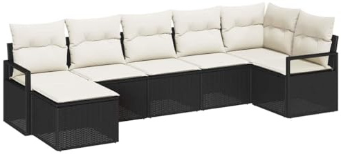 vidaXL Garten-Sofa-Set 7 pcs Schwarz Poly Rattan, Garten Sofa Set, modulares rechteckiges Design, verstellbare Füße, wetterfestes Rattan, modernes Lounge-Möbel