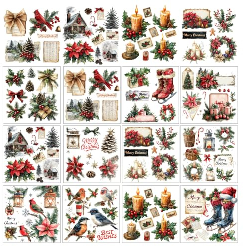 GOMAKERER 12 Sheets Christmas Rub on Transfers for Crafts and Furniture, Vintage Christmas Santa and Tree Xmas Rub on Transfer Stickers Winter Decals for DIY Craft Home Window Decor, 5.5x5.5 Inch