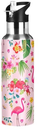 Sevdomey Bouteille d'eau en acier inoxydable avec couvercle à paille - 591 ml - Motif flamants roses - Pour sport, cyclisme, randonnée, gym, école, maison