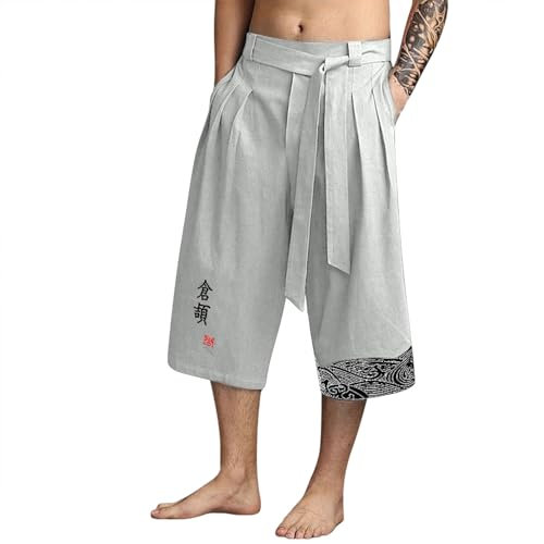 Hkdjaess Pantalon Japonais Homme Baggy 3/4 Pantalon Court Taro en Lin Vêtements Kimonos Traditionnels Japonais avec Cordon de Serrage Pantacourt Décontracté Ample Couleur Unie Pantalons