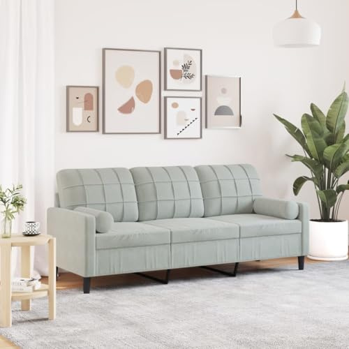 YUOTYRKTEJRSG 3 Seater Sofa with Decorative Cushions Light Grey 180 cm Velvet Fabric Modern Living Room Furniture Comfortable Couch for Relaxing Watching TV Reading