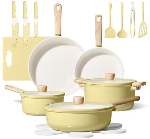 CAROTE - 24 Pieces Ceramic Cookware Set, Nonstick Pots and Pans Set, Pots and Pans Set with Knife Set