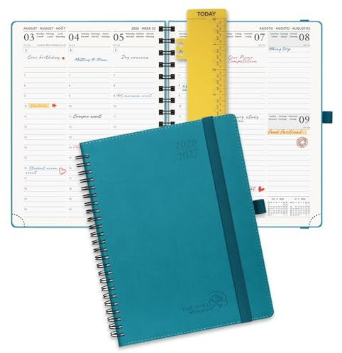 POPRUN Kalender 2026 2027 Wochenplaner, ca. A5 Spiralbuch mit Softcover | 17-Monate-Terminplaner,(Aug,2026-Dez,2027),1 Woche 2 Seite,ca,A5(21,8 x 16,4cm)(Pazifikgrün)