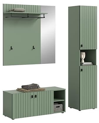 xonox.home – 3-TLG. Garderobenkombination Station 161x192x37 cm in Smoke Green – Set aus Sitzbank, Paneel & Schrank – Komplettlösung für den Flur