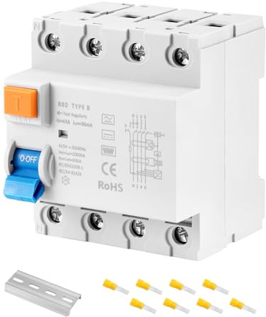 FI Schutzschalter,FI Typ B 40A/63A 4 Polig 30mA Allstromsensitiv RCD für Wallbox Ladestation Photovoltaik Wechselrichter DIN Hutschiene mit DC Fehlerschutz EN61008 (63A)