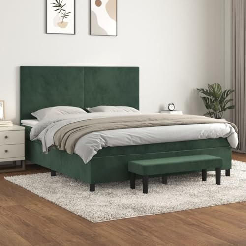QJBSAVVA Boxspringbett 160x200 cm dunkelgrün Samt, Taschenfederkernmatratze, höhenverstellbares Kopfteil, beige Auflage