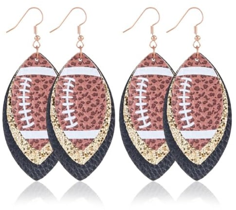 CALFOVERA 4 Paar Rugby Ohrhänger Aus PU Leder Mit Blattmotiv Mehrlagiges Set Aus American Football Ohrringen Kunstleder Farbenfroher Glitzer Leichter Sportball Anhänger Für Damen Schmuckaccessoir
