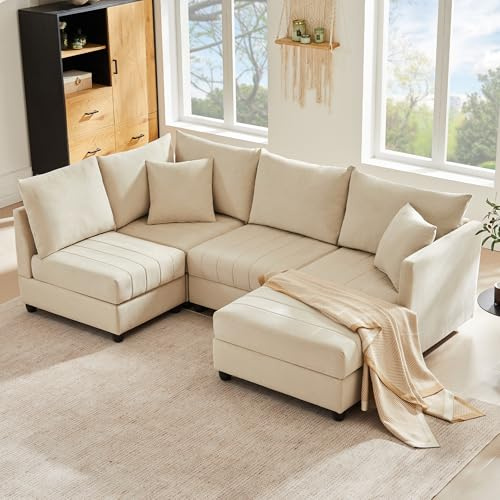 Muskel Modulares Ecksofa 5-Sitzer mit umwandelbarem Fußhocker, 220 cm L/U-förmige Wohnlandschaft aus Cotton Linen, Modernes Streifen-Design Polstermöbel，Wandelbar, für Wohnzimmer (Beige-L/U)