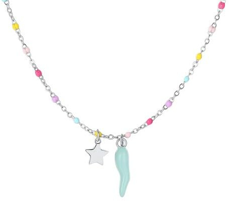 Luca Barra Collana in Acciaio con Ciondoli Stella e Corno, Perline Multicolore, Modello JC172