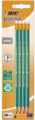 BIC Bleistift Evolution Original 655 HB mit Radierer, Blister à 4 Stück, grün