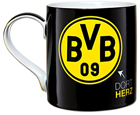BVB Borussia Dortmund Tasse, dort Herz, dort Mund, schwarz, 0,3 Liter