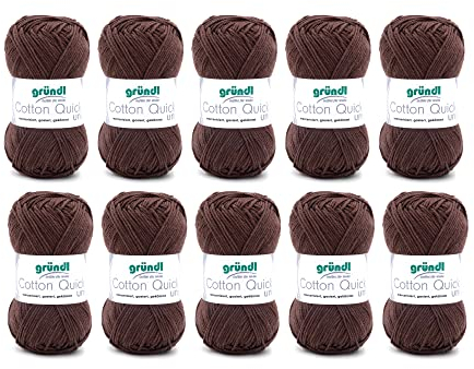 Gründl Wolle Cotton Quick uni - dünne Wolle zum Häkeln - Strickgarn - Häkelgarn - Glänzend und hautfreundlich - 100 % Baumwolle - 10 Knäuel 50 g / 125 m - Nadelstärke 3 - 4 - Schokolade
