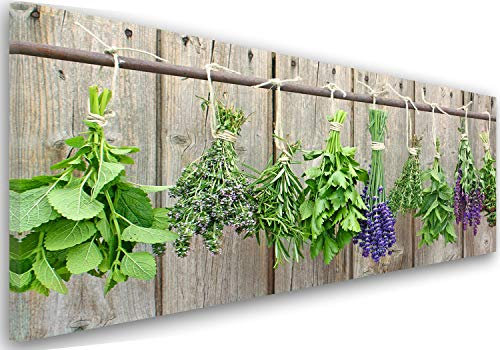 Feeby Bilder Kräuter Pflanzen 90x30 cm Wohnzimmer Schlafzimmer Büro Flur Küche Wandbilder Modern Bild auf Leinwand Wanddekoration Kunstdruck Design Bretter Grün Violett