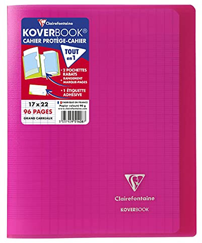 Clairefontaine 951408C Un Cahier Agrafé Koverbook Rose - 17x22 cm - 96 Pages Grands Carreaux - Papier Blanc 90 g - Couverture Polypro
