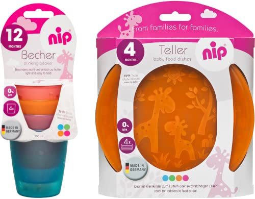 NIP , Kunststoff 8 tlg. Kleinkinder-Set // made in Germany // Teller mit Motiv 4er Pack & Trinkbecher 4er Pack // Niedliches Giraffenmotiv BPA frei