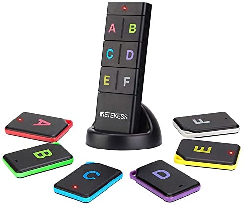 Retekess TH104 Localisateur de Clé, Détecteur de clé Portefeuille Tracker 2 Type d'Autocollant Longue Portée 40 m Fort 85 DB Traqueur de Clé Pet Tracker (1 Émetteur avec 6 Récepteurs)